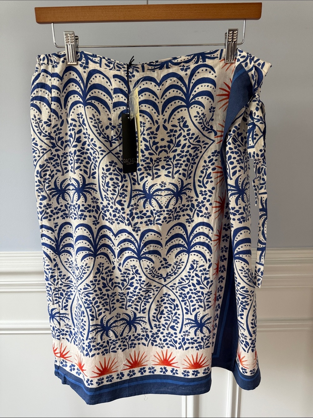 Rachel Roy Linen Rayon Wrap Midi Skirt NWT Blue White Print Tie Waist L Large